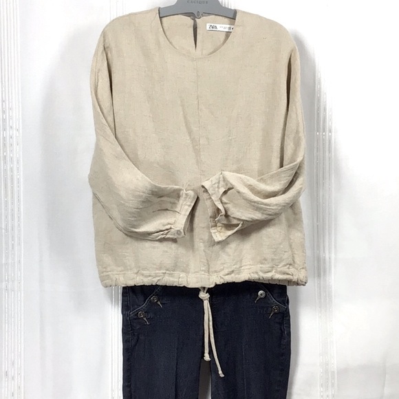 🌾 ZARA Natural Soft Linen Blend Seamless Dolmen Sleeve Drawstring Drop Waist - Picture 9 of 9